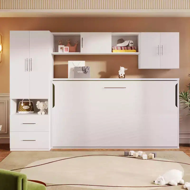 Letto a scomparsa Whisen Modern Design con armadio a muro, ripiani aperti e cassetti portaoggetti - Bianco