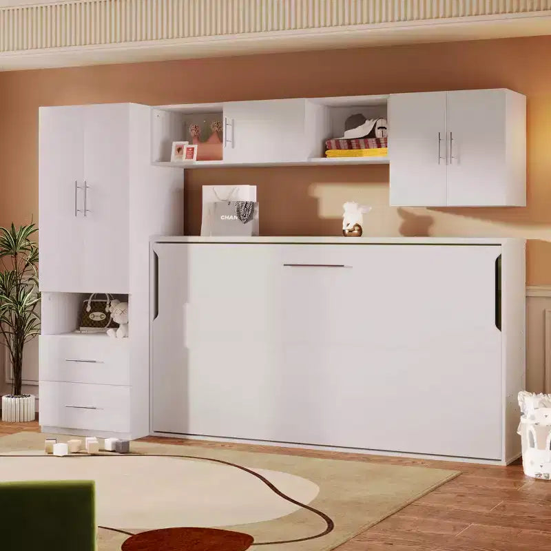 Letto a scomparsa Whisen Modern Design con armadio a muro, ripiani aperti e cassetti portaoggetti - Bianco