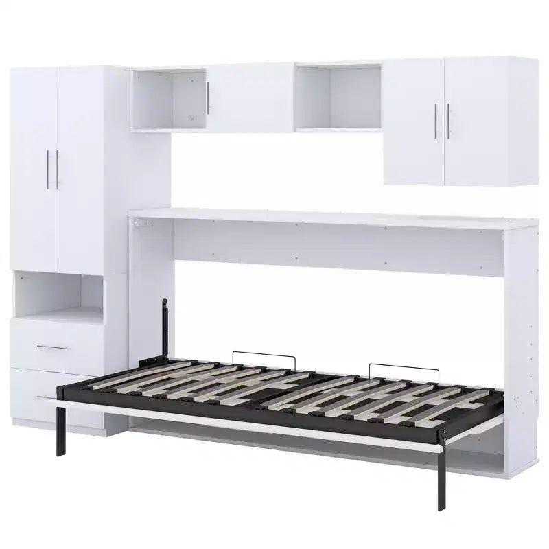 Letto a scomparsa Whisen Modern Design con armadio a muro, ripiani aperti e cassetti portaoggetti - Bianco