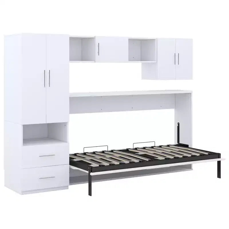 Letto a scomparsa Whisen Modern Design con armadio a muro, ripiani aperti e cassetti portaoggetti - Bianco