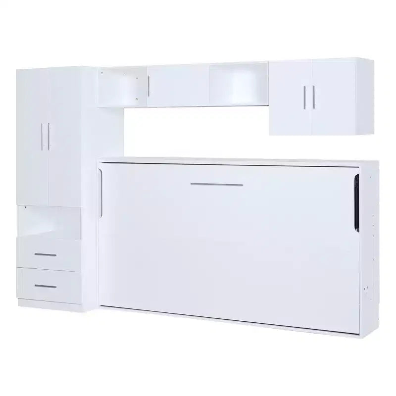 Letto a scomparsa Whisen Modern Design con armadio a muro, ripiani aperti e cassetti portaoggetti - Bianco