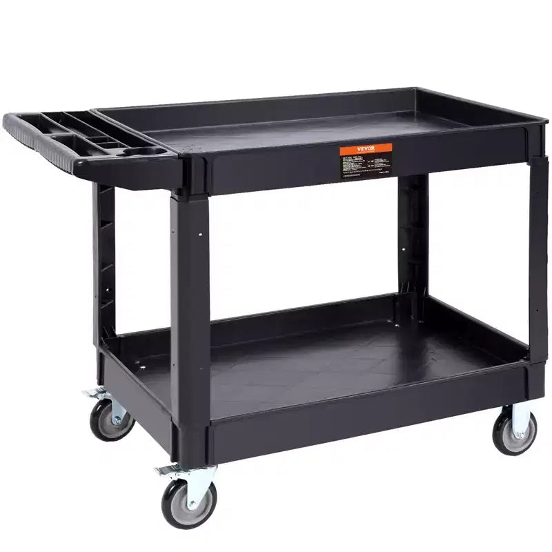 VEVOR Utility Service Cart, 2 Shelf 550LBS Heavy Duty Plastic Rolling Utility Cart with 360 Swivel Wheels (2 with Brakes)