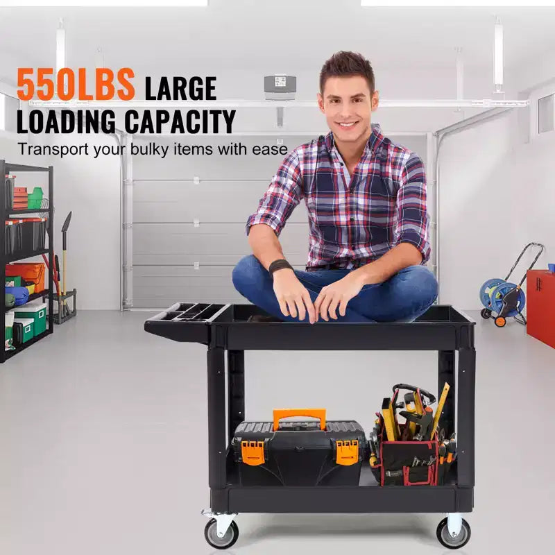 Carrello di servizio multiuso VEVOR, 2 ripiani, 250 kg, in plastica resistente, carrello multiuso con ruote girevoli a 360° (2 con freno)