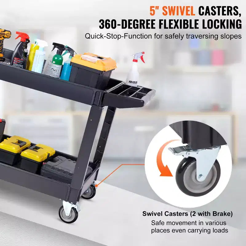Carrello di servizio multiuso VEVOR, 2 ripiani, 250 kg, in plastica resistente, carrello multiuso con ruote girevoli a 360° (2 con freno)