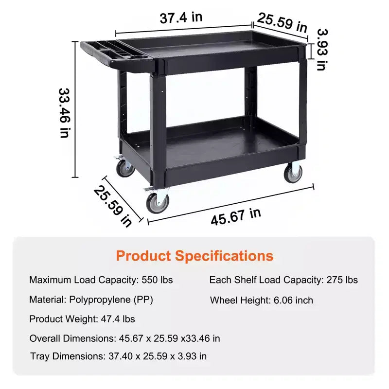 Carrello di servizio multiuso VEVOR, 2 ripiani, 250 kg, in plastica resistente, carrello multiuso con ruote girevoli a 360° (2 con freno)