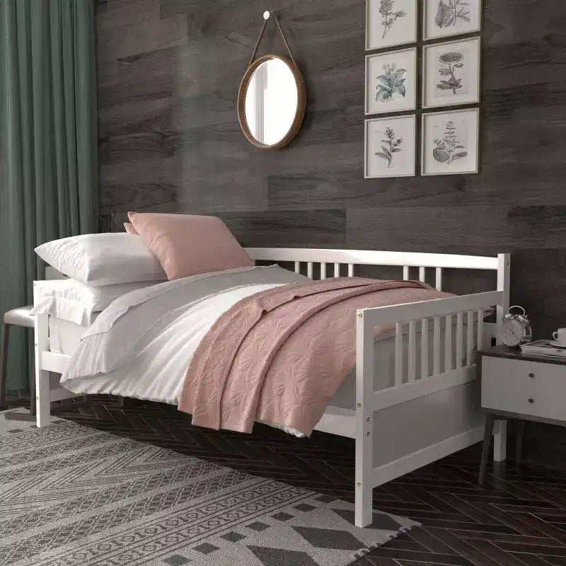 Costway Divano Letto una Piazza e Mezza in Legno con Doghe Piattaforma Robusta con Sponde Bianco/Ciliegio