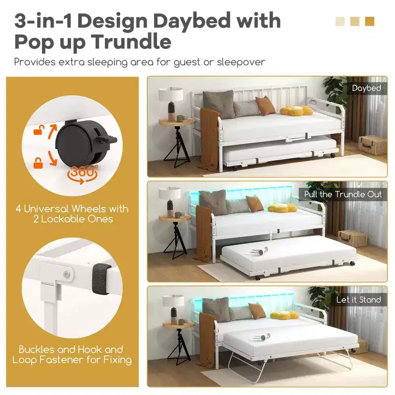 Daybed Costway Matrimoniale con Rete Estraibile a Scomparsa Stazione di Ricarica e Luci a LED per Soggiorno Nero/Bianco