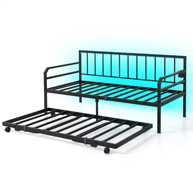 Daybed Costway Matrimoniale con Rete Estraibile a Scomparsa Stazione di Ricarica e Luci a LED per Soggiorno Nero/Bianco