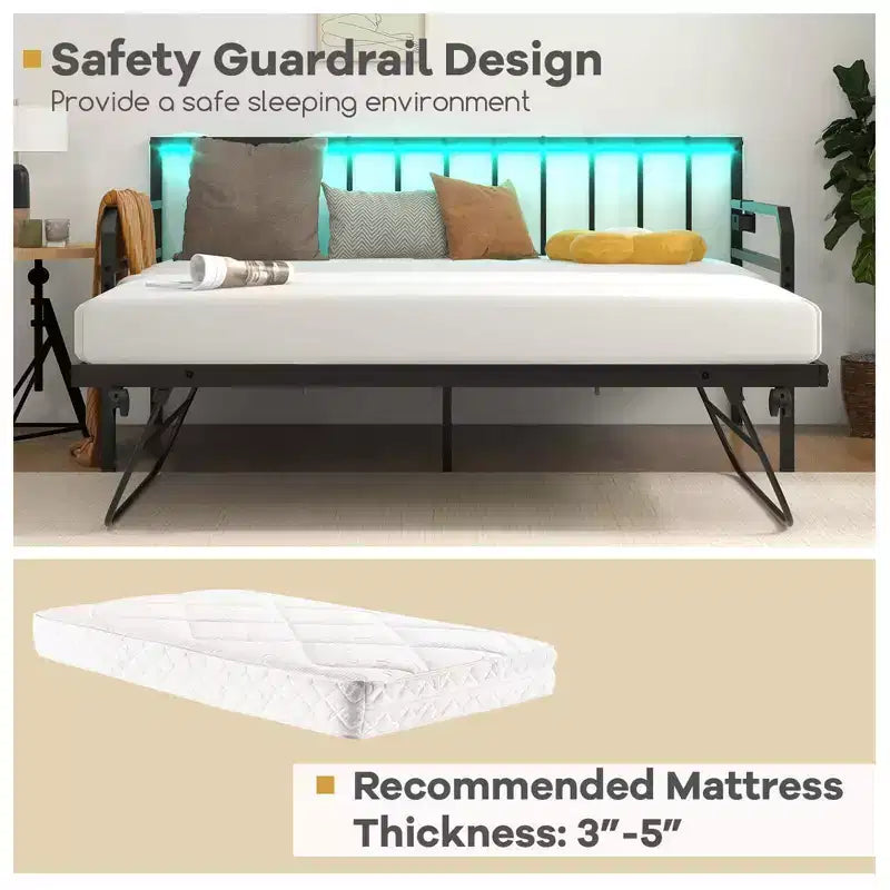 Daybed Costway Matrimoniale con Rete Estraibile a Scomparsa Stazione di Ricarica e Luci a LED per Soggiorno Nero/Bianco