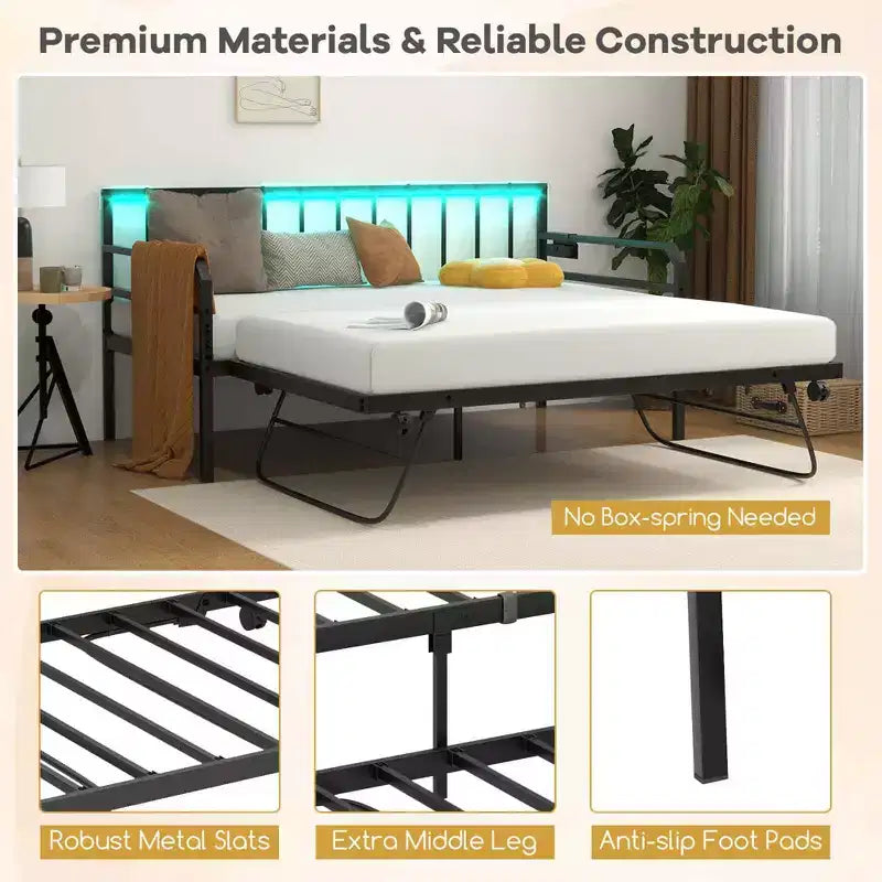 Daybed Costway Matrimoniale con Rete Estraibile a Scomparsa Stazione di Ricarica e Luci a LED per Soggiorno Nero/Bianco