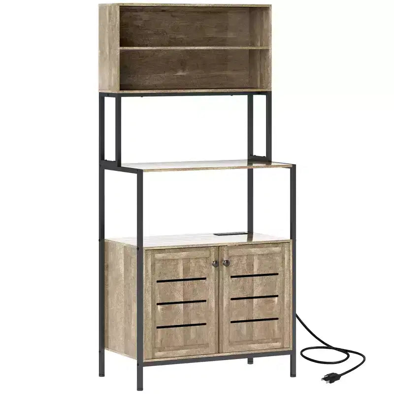 HOMCOM Scaffale da Panettiere con Presa di Corrente, Mobile Bar Caffè con Ripiani, Supporto Microonde con Ante a Persiana, Venatura del Legno Grigia