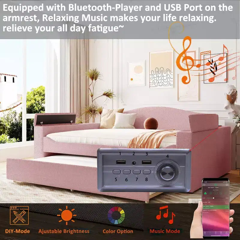 Divano letto imbottito una piazza e mezza/matrimoniale con braccioli portaoggetti, letto estraibile e sistema audio Bluetooth integrato di ultima generazione - ModernLuxe