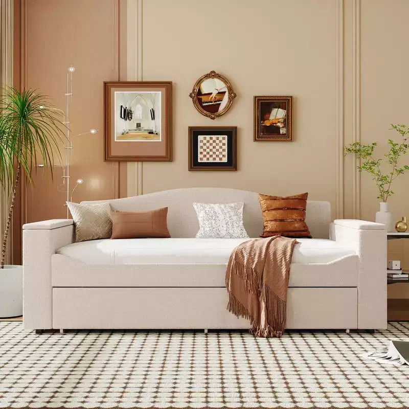 Divano letto imbottito una piazza e mezza/matrimoniale con braccioli portaoggetti, letto estraibile e sistema audio Bluetooth integrato di ultima generazione - ModernLuxe