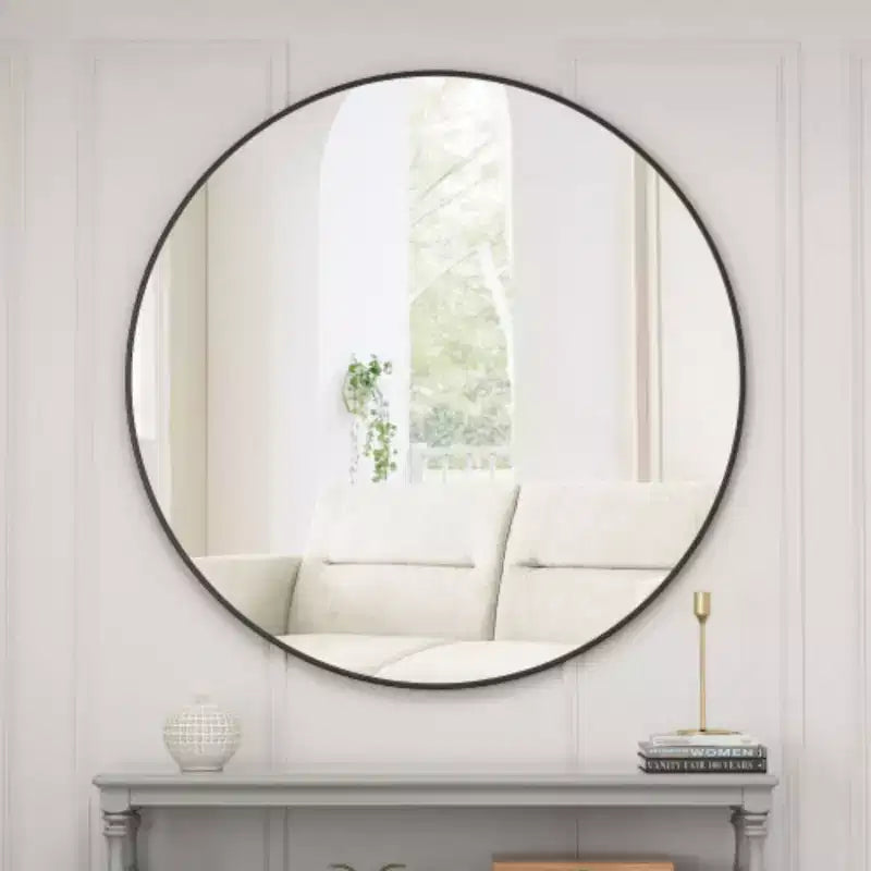 Specchio da parete circolare nero da 39 pollici: cornice in metallo, rotondo da bagno, da trucco - elegante per bagno, soggiorno, camera da letto