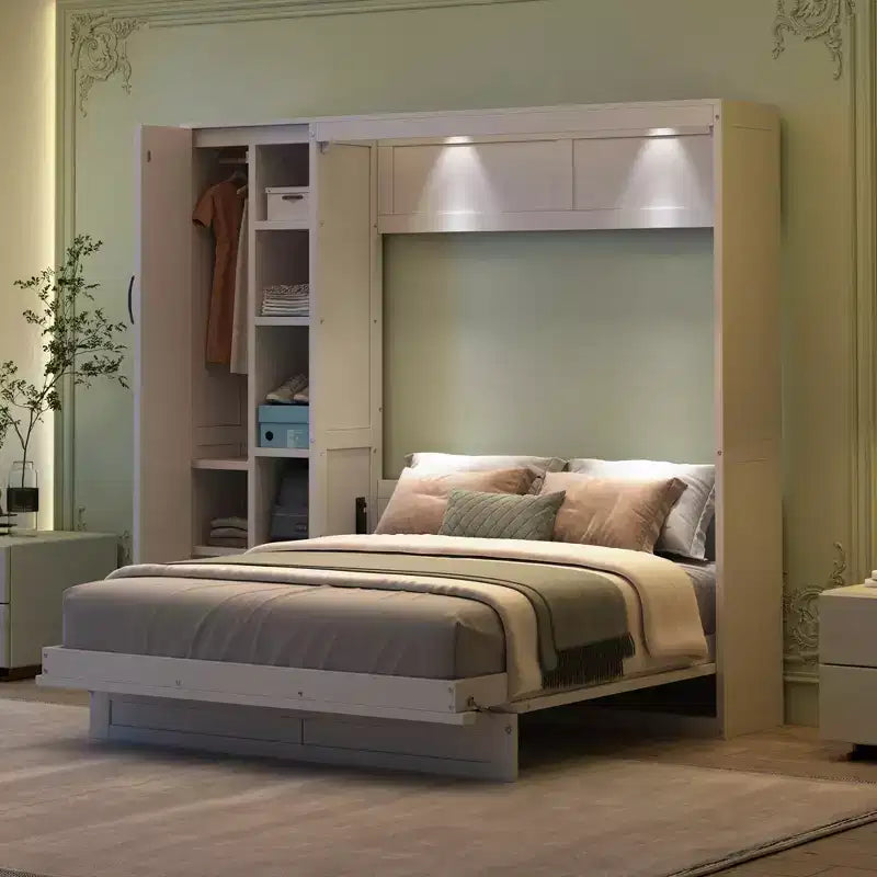 Letto a Scomparsa Whisen Modern Wood, Ripiegabile in un Mobile con Ripiani, Armadio e Luci LED