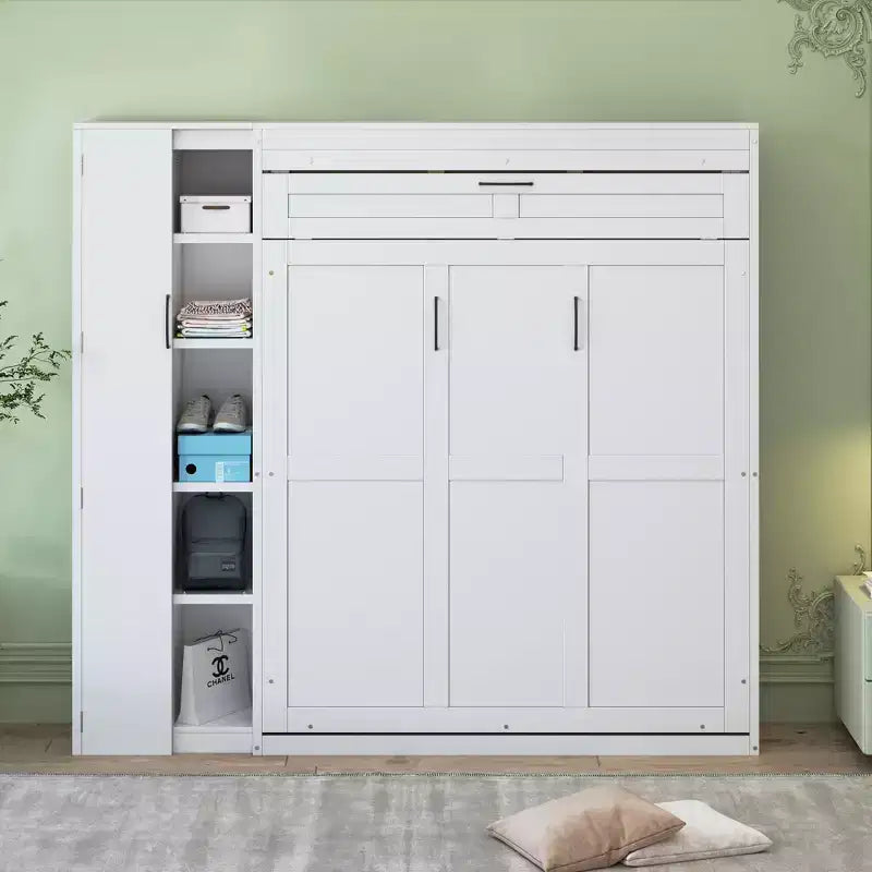 Letto a Scomparsa Whisen Modern Wood, Ripiegabile in un Mobile con Ripiani, Armadio e Luci LED