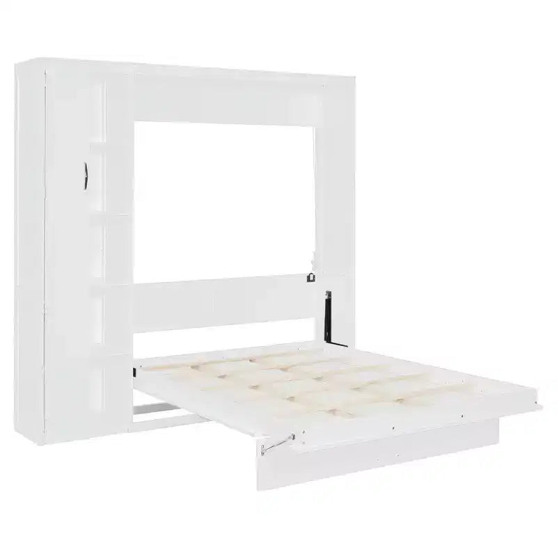 Letto a Scomparsa Whisen Modern Wood, Ripiegabile in un Mobile con Ripiani, Armadio e Luci LED