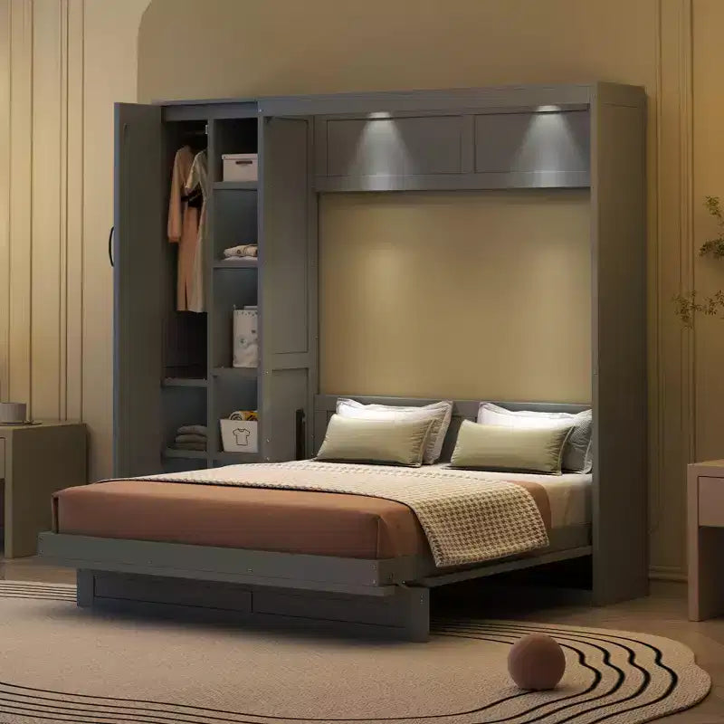 Letto a Scomparsa Whisen Modern Wood, Ripiegabile in un Mobile con Ripiani, Armadio e Luci LED