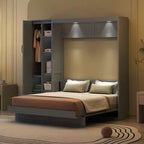 Letto a Scomparsa Whisen Modern Wood, Ripiegabile in un Mobile con Ripiani, Armadio e Luci LED