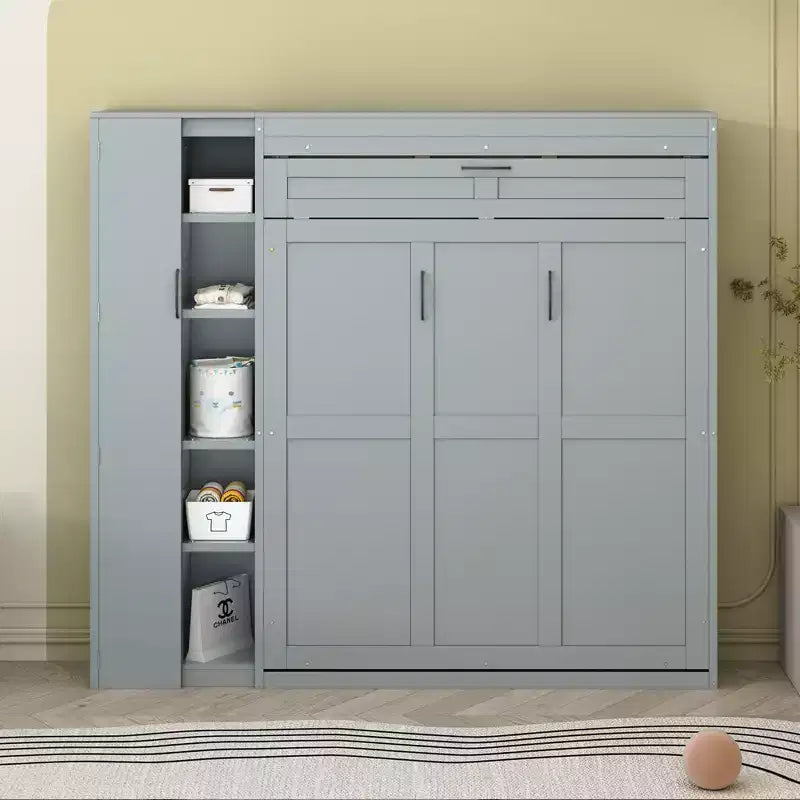 Letto a Scomparsa Whisen Modern Wood, Ripiegabile in un Mobile con Ripiani, Armadio e Luci LED
