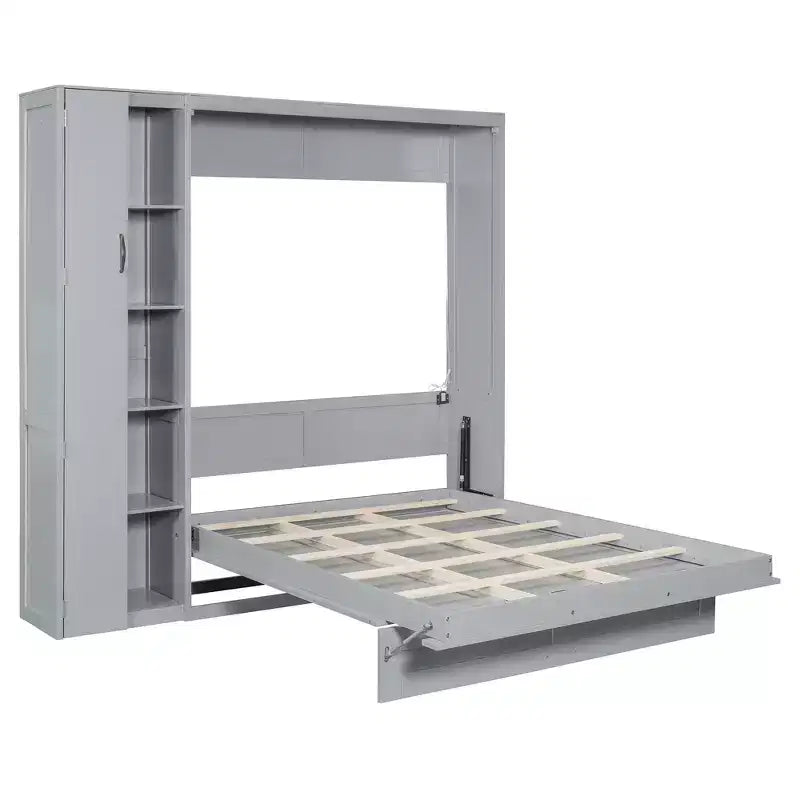 Letto a Scomparsa Whisen Modern Wood, Ripiegabile in un Mobile con Ripiani, Armadio e Luci LED