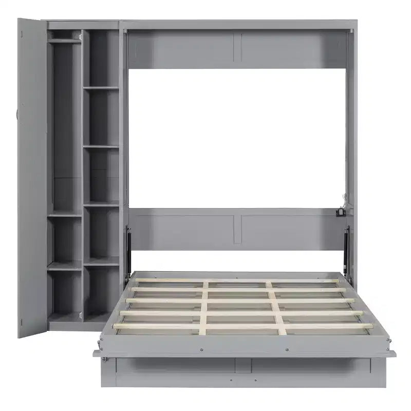 Letto a Scomparsa Whisen Modern Wood, Ripiegabile in un Mobile con Ripiani, Armadio e Luci LED