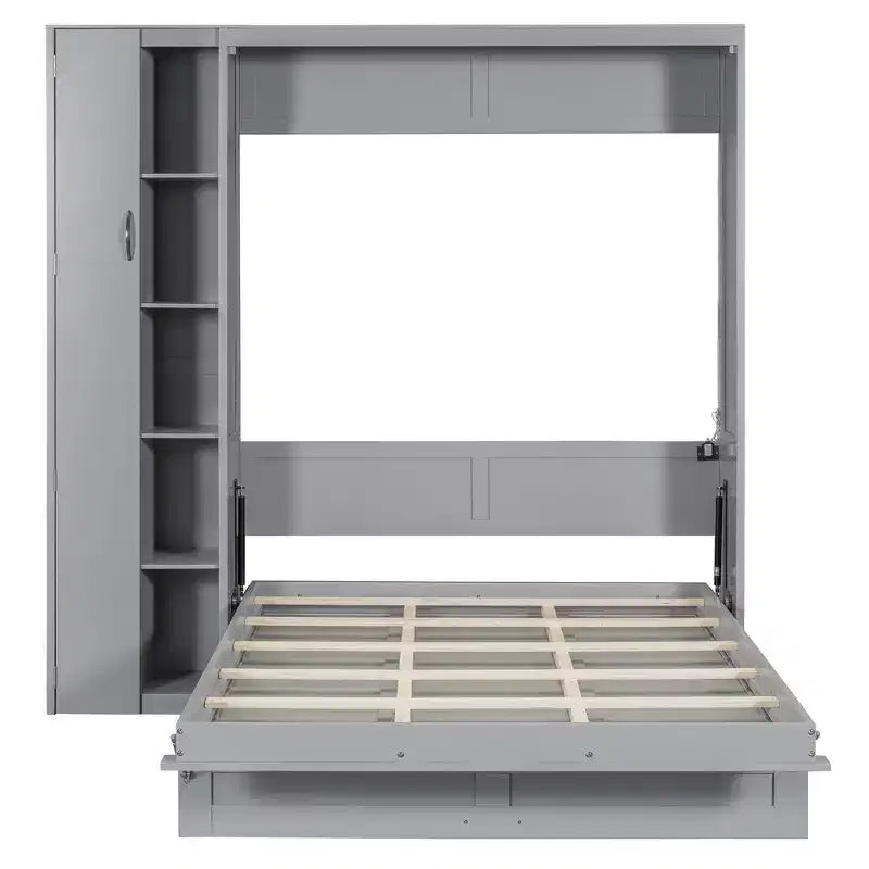 Letto a Scomparsa Whisen Modern Wood, Ripiegabile in un Mobile con Ripiani, Armadio e Luci LED