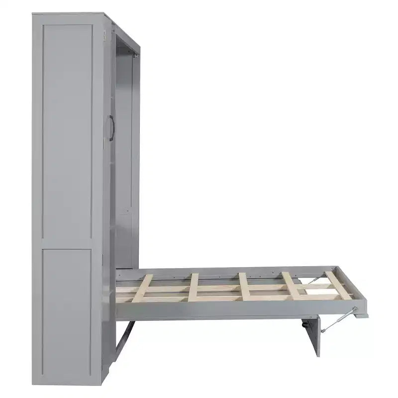 Letto a Scomparsa Whisen Modern Wood, Ripiegabile in un Mobile con Ripiani, Armadio e Luci LED