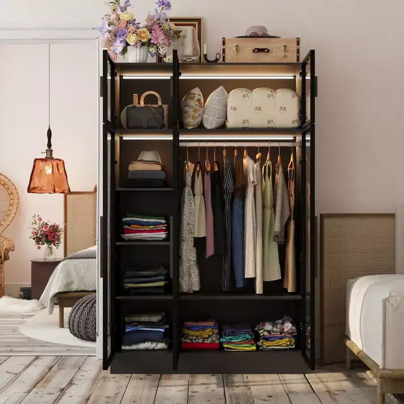 Hitow Armoire Modern Style Closet Glass Cabinet Doors Built-In Adjustable Lighting