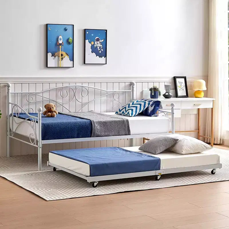 VECELO Struttura per Letto Estraibile Singolo/Rotelle/Supporto a Doghe in Metallo Migliorato e Rinforzato con Rotelle Bloccabili, Nero/Bianco