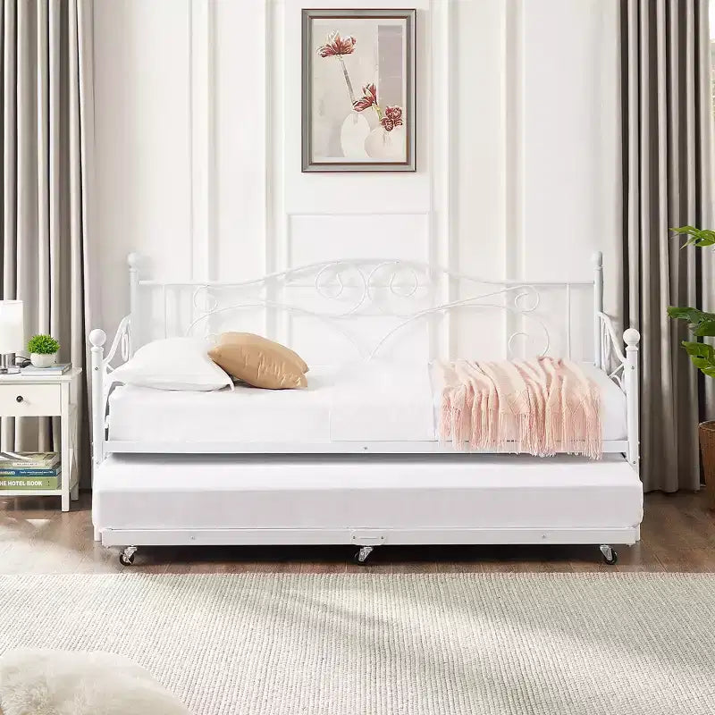 VECELO Struttura per Letto Estraibile Singolo/Rotelle/Supporto a Doghe in Metallo Migliorato e Rinforzato con Rotelle Bloccabili, Nero/Bianco