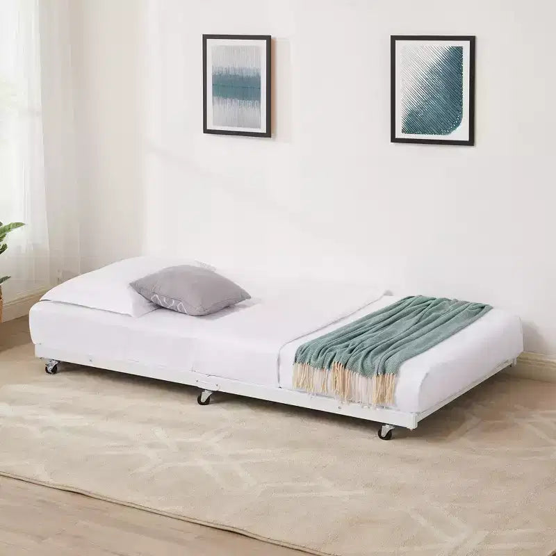 VECELO Struttura per Letto Estraibile Singolo/Rotelle/Supporto a Doghe in Metallo Migliorato e Rinforzato con Rotelle Bloccabili, Nero/Bianco