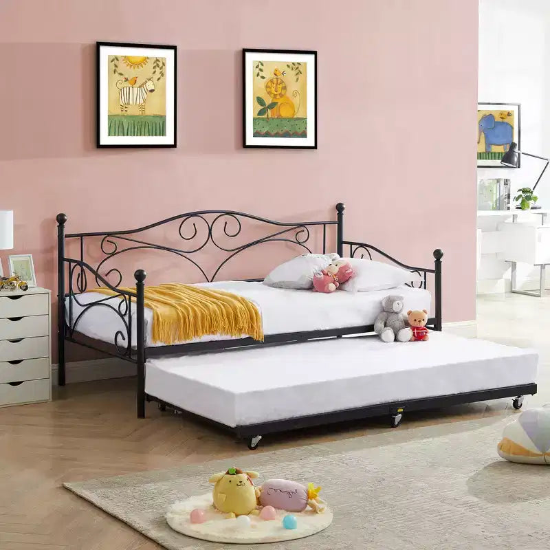 VECELO Struttura per Letto Estraibile Singolo/Rotelle/Supporto a Doghe in Metallo Migliorato e Rinforzato con Rotelle Bloccabili, Nero/Bianco