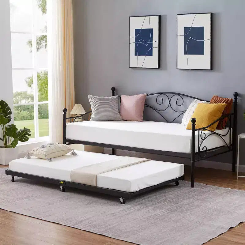 VECELO Struttura per Letto Estraibile Singolo/Rotelle/Supporto a Doghe in Metallo Migliorato e Rinforzato con Rotelle Bloccabili, Nero/Bianco
