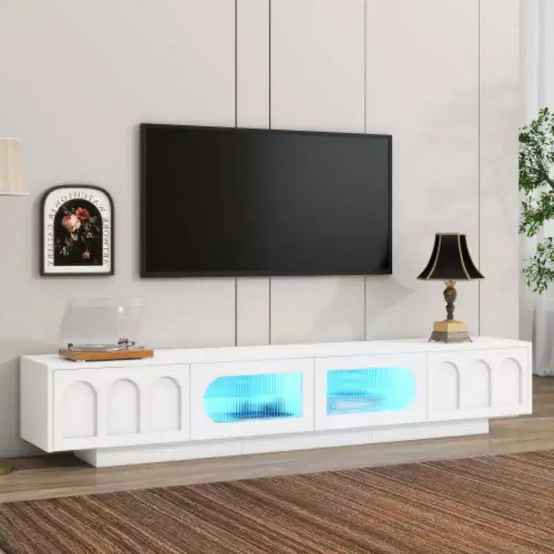 Tech-Forward 95 TV Stand: Fluted Glass, Arched Cabinets, Dimmable LEDs