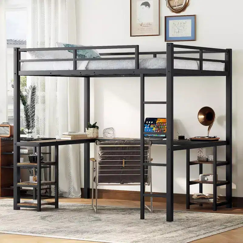 Full Loft Bed Frame: Black with Vintage Wood Desk, Ladder, and Guardrails
