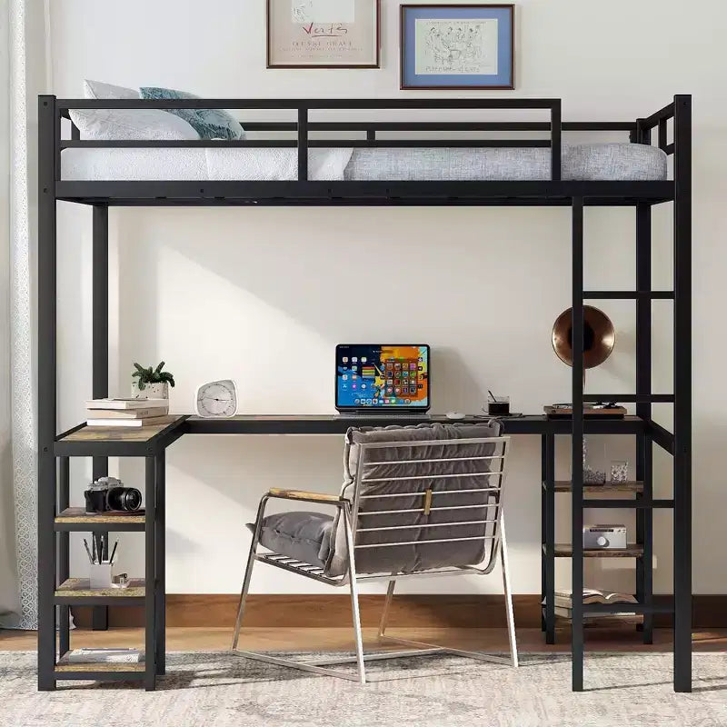Struttura completa del letto a soppalco: nero con scrivania in legno vintage, scaletta e sponde di protezione
