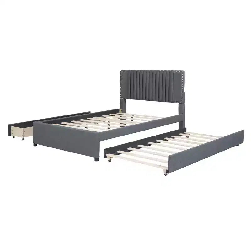 Upholstered Platform Bed with Storage and Twin Trundle - Classic Headboard