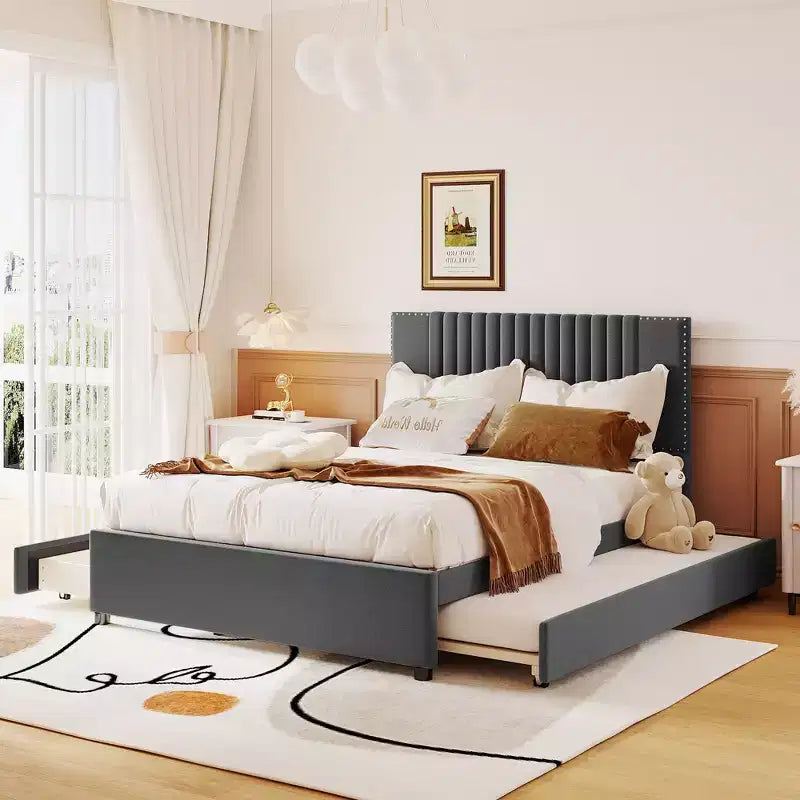 Letto Imbottito a Piattaforma con Contenitore e Letto Estraibile Singolo - Testiera Classica