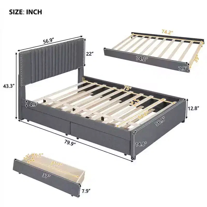 Letto Imbottito a Piattaforma con Contenitore e Letto Estraibile Singolo - Testiera Classica