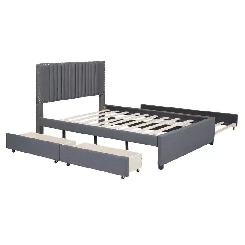 Letto Imbottito a Piattaforma con Contenitore e Letto Estraibile Singolo - Testiera Classica