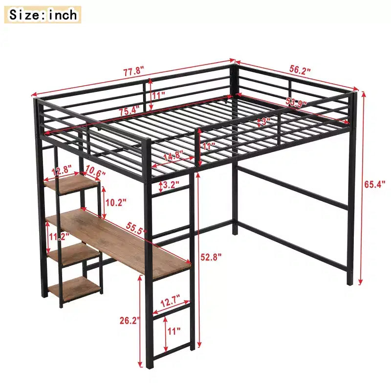 Whisen Letto a soppalco in metallo, dimensioni 77,8L x 56,2W, con scrivania e mensole integrate