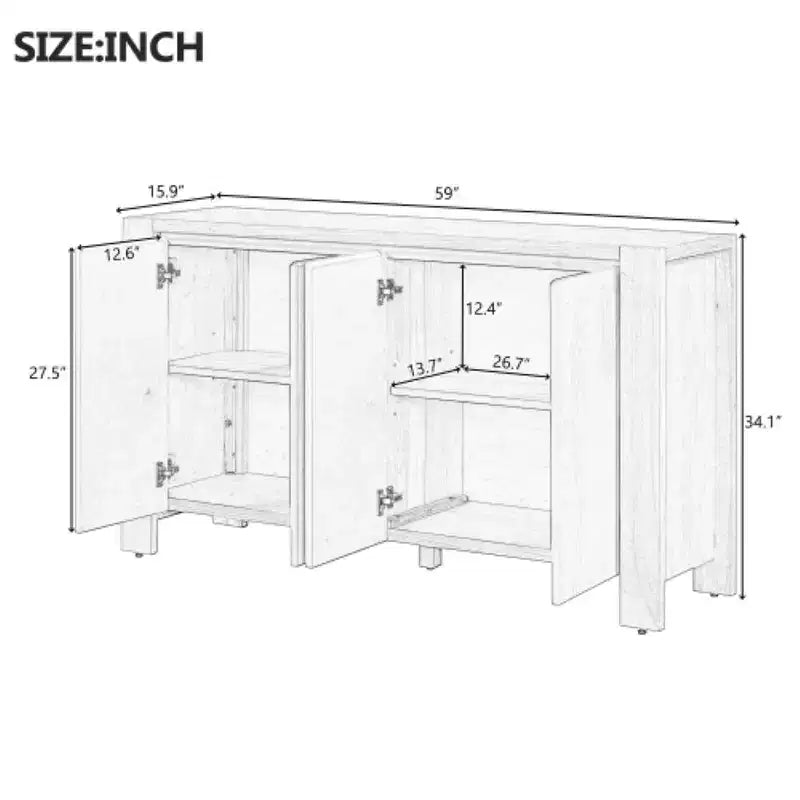 Credenza Whisen con Contenitore, Mobile Contenitore Retrò in Legno a 4 Ante con Finitura Invecchiata e Ripiani Regolabili