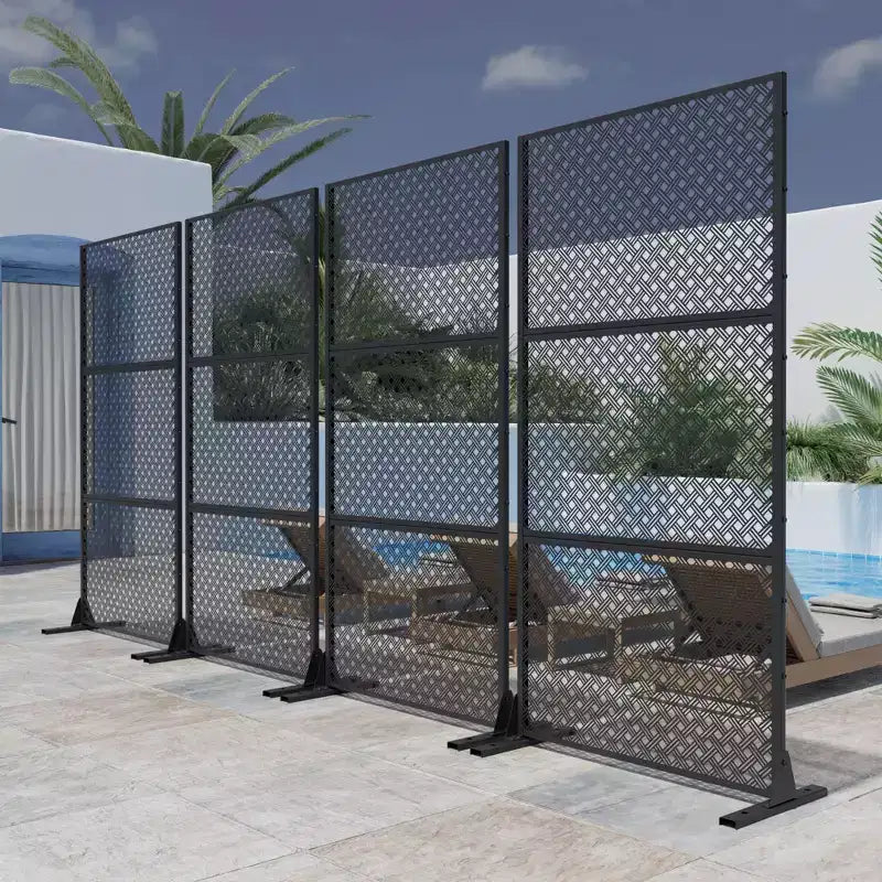 Double-Grid Weave Black Galvanized Steel Panel Screen | 183H x 120W x 40D cm