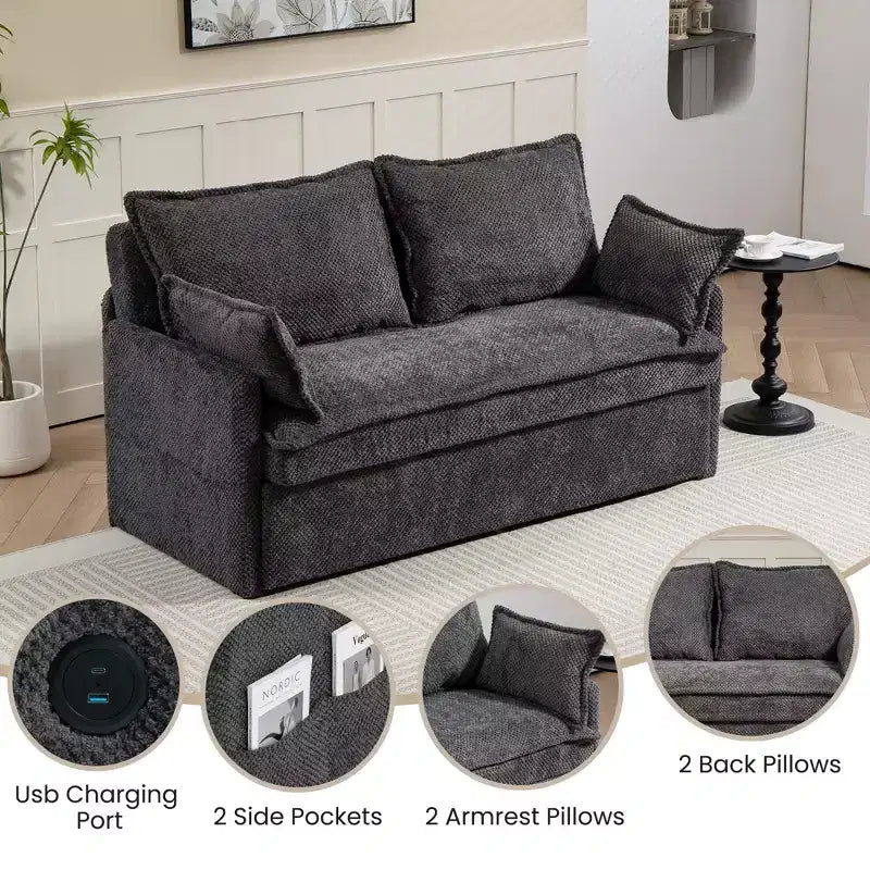 Divano Letto Estraibile 59,5/73,6W, Divano Letto Trasformabile in Velluto a Coste con Contenitore Laterale e Stazione di Ricarica USB - ModernLuxe