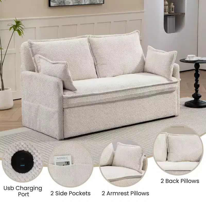 Divano Letto Estraibile 59,5/73,6W, Divano Letto Trasformabile in Velluto a Coste con Contenitore Laterale e Stazione di Ricarica USB - ModernLuxe