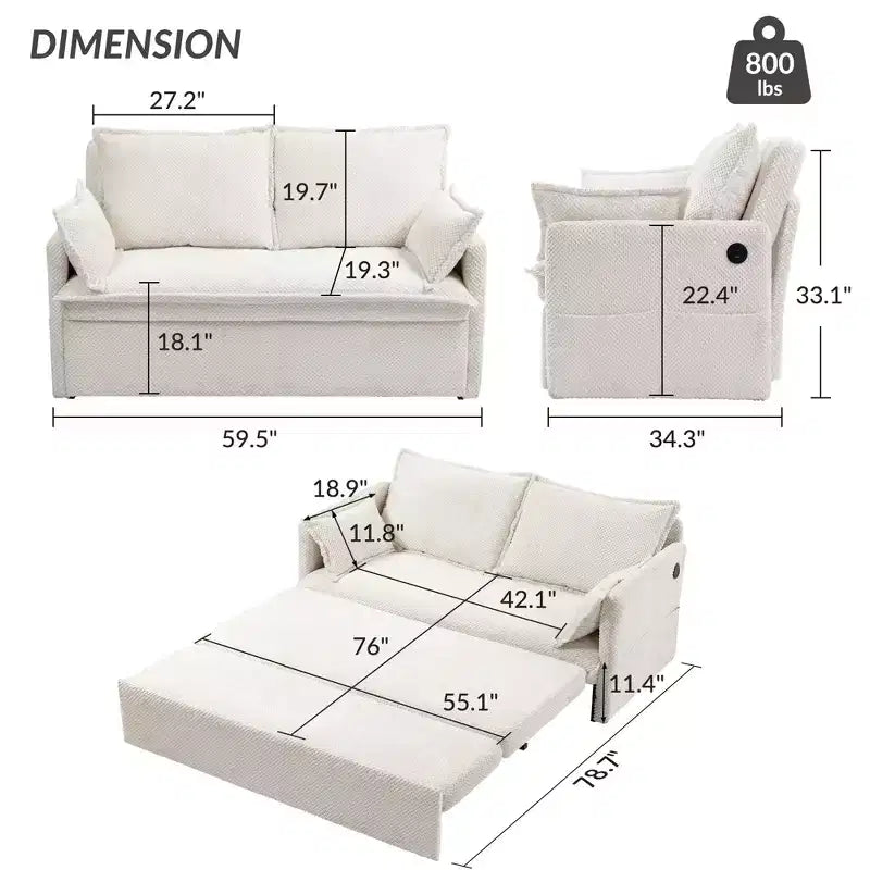 Divano Letto Estraibile 59,5/73,6W, Divano Letto Trasformabile in Velluto a Coste con Contenitore Laterale e Stazione di Ricarica USB - ModernLuxe