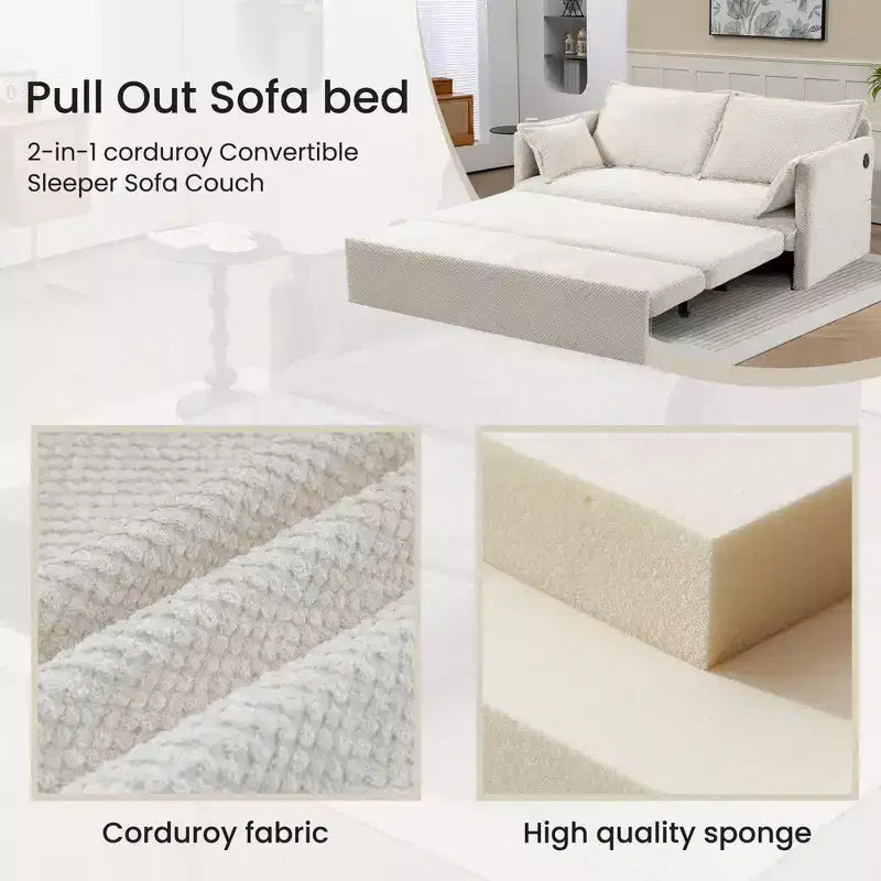 Divano Letto Estraibile 59,5/73,6W, Divano Letto Trasformabile in Velluto a Coste con Contenitore Laterale e Stazione di Ricarica USB - ModernLuxe