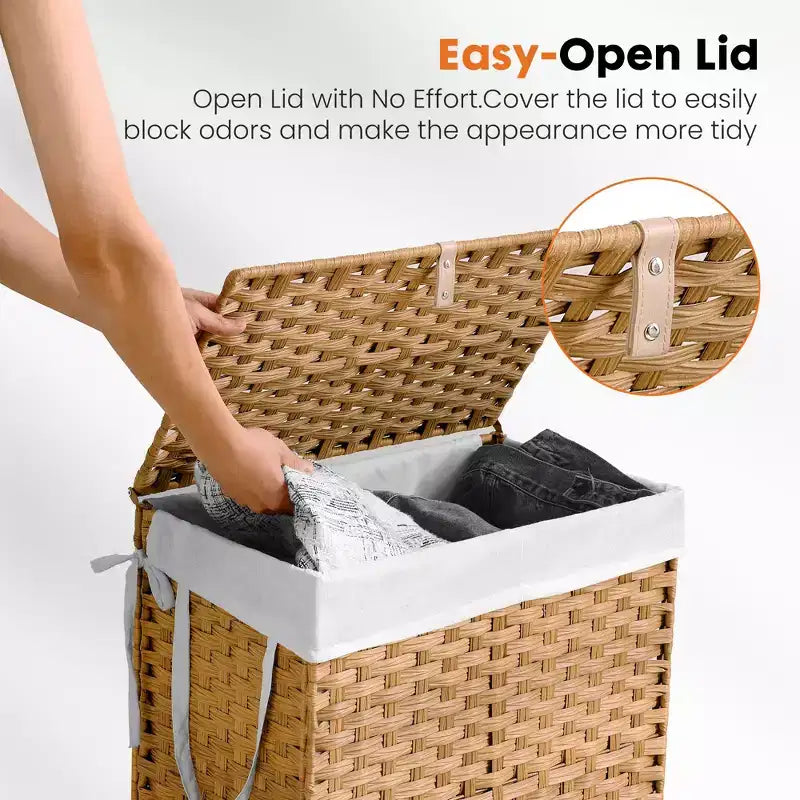 JIONJOY Cesto portabiancheria in vimini da 90 litri con coperchio, design pieghevole, scomparto rimovibile e fodera lavabile