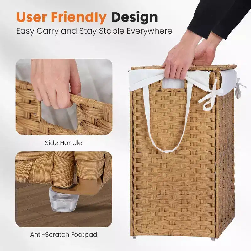 JIONJOY Cesto portabiancheria in vimini da 90 litri con coperchio, design pieghevole, scomparto rimovibile e fodera lavabile